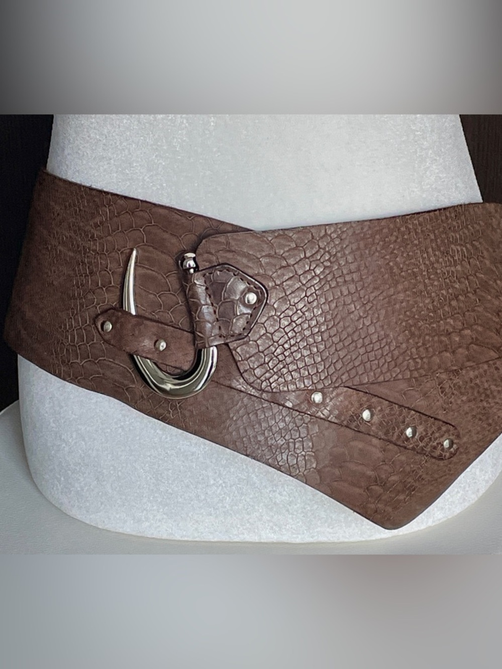 Made in Italy Wide Leather Statement Belt Reptile Embossed Sculptural Hook Waist